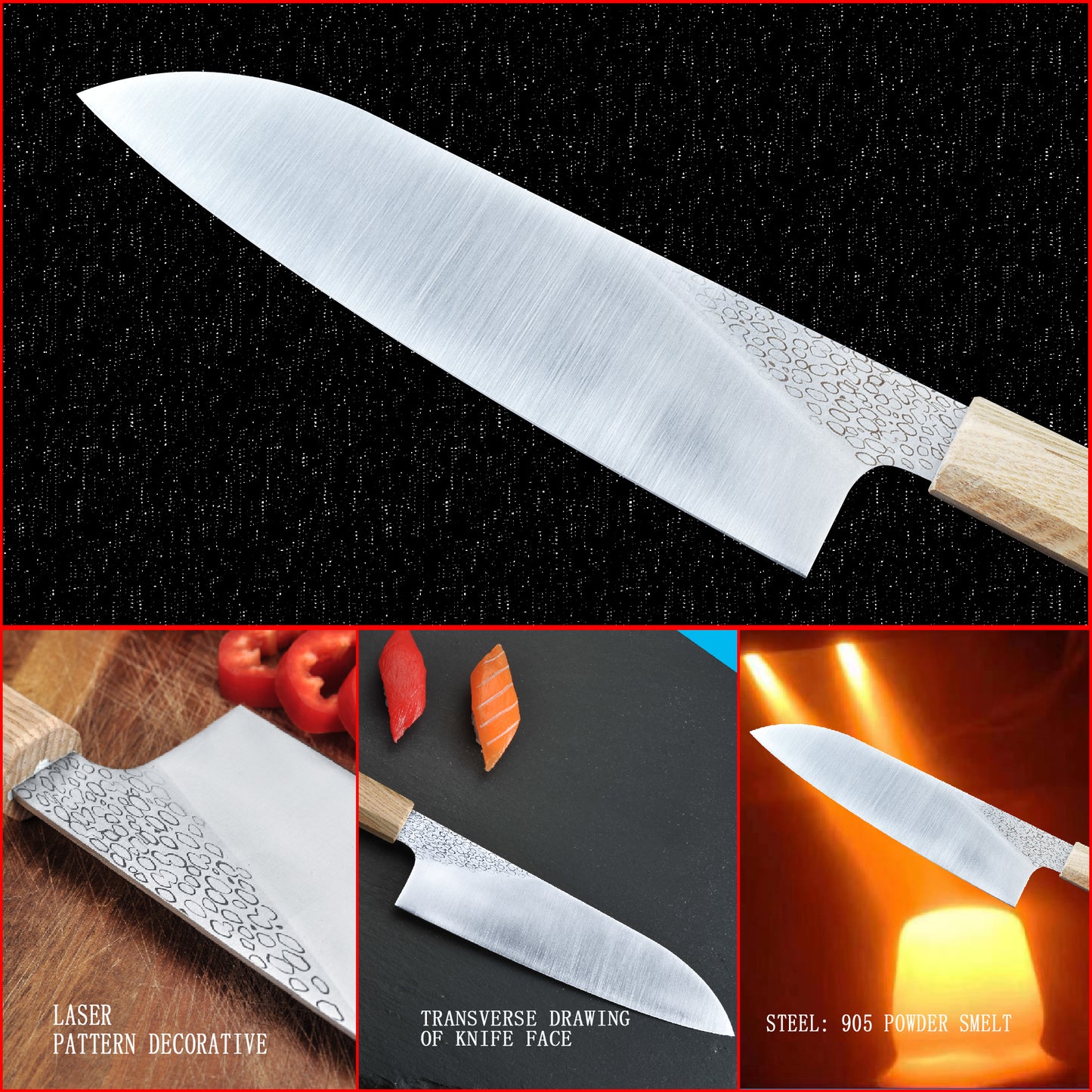 7 Inch Japanese Santoku Knife High Carbon Powder Forge Stainless Steel 905 Blade With 62 HRC Natural Ash Wood Handle Light Weight Comfortable Grip 180mm