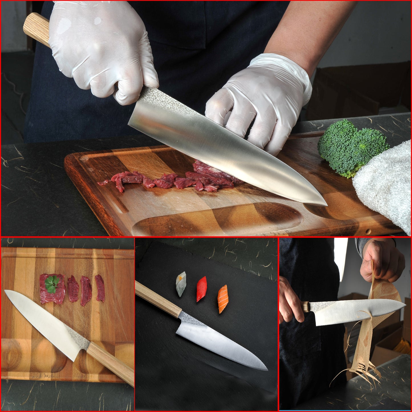 Japanese Gyutou Knife High Carbon Forge Powder Stainless Steel 905 Blade With 62 HRC Natural Ash Wood Handle Light Weight Comfortable Grip 240mm