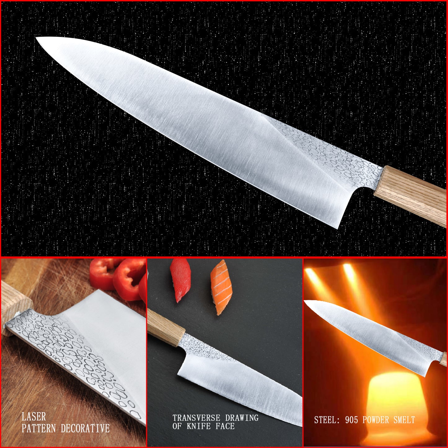 Japanese Gyutou Knife High Carbon Forge Powder Stainless Steel 905 Blade With 62 HRC Natural Ash Wood Handle Light Weight Comfortable Grip 240mm