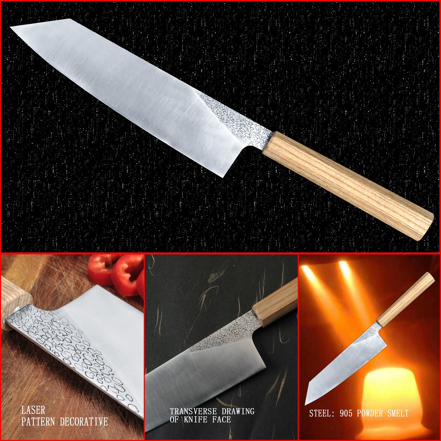 8 Inch Japanese Bunka Knife High Carbon Powder Forge Stainless Steel 905 Blade With 62 HRC Natural Ash Wood Handle Light Weight Comfortable Grip 210mm