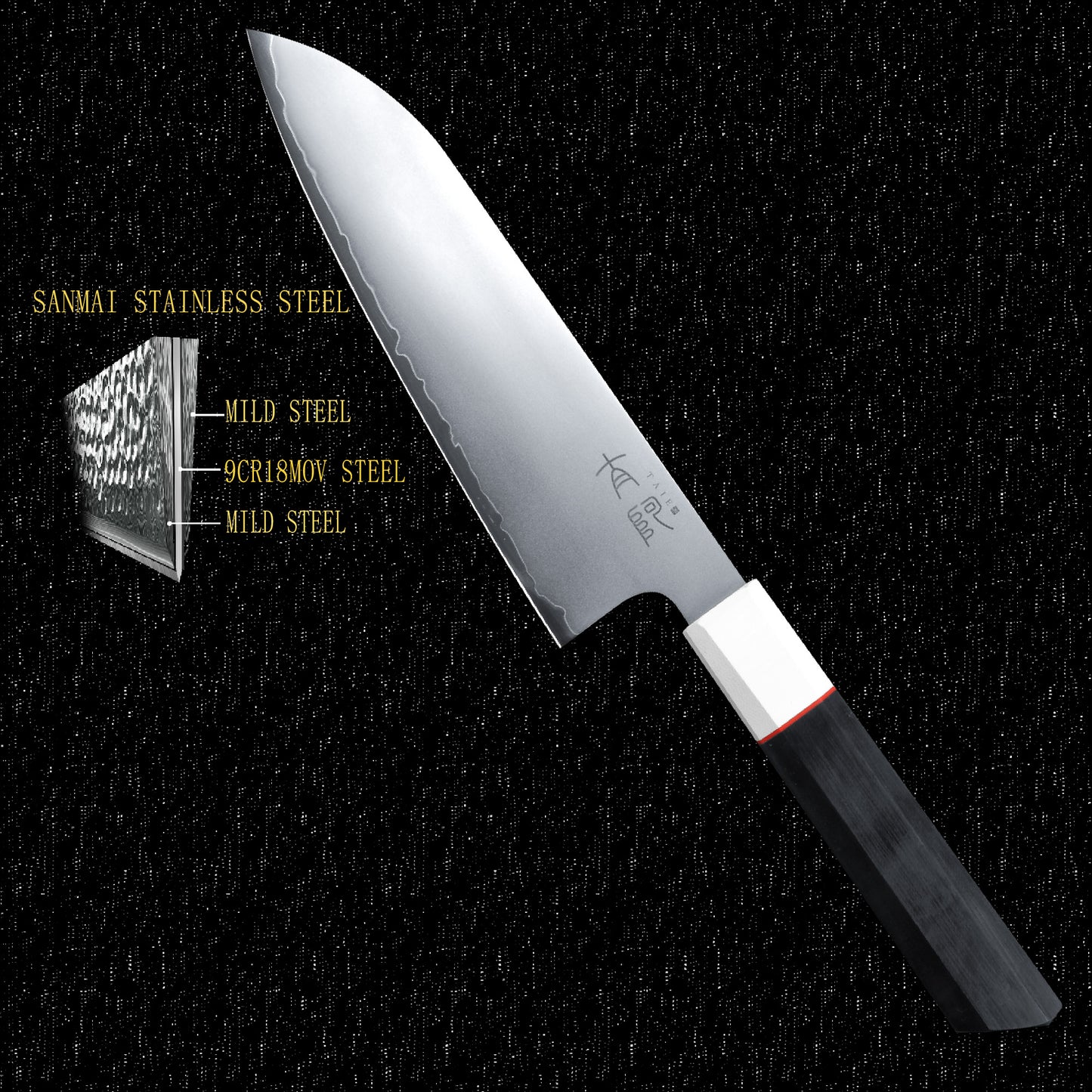 7 Inch Japanese Santoku Knife San Mai Blade Core 9Cr18Mov High Carbon Stainless Steel with 62 HRC G10 Glass Fiber Handle 180mm